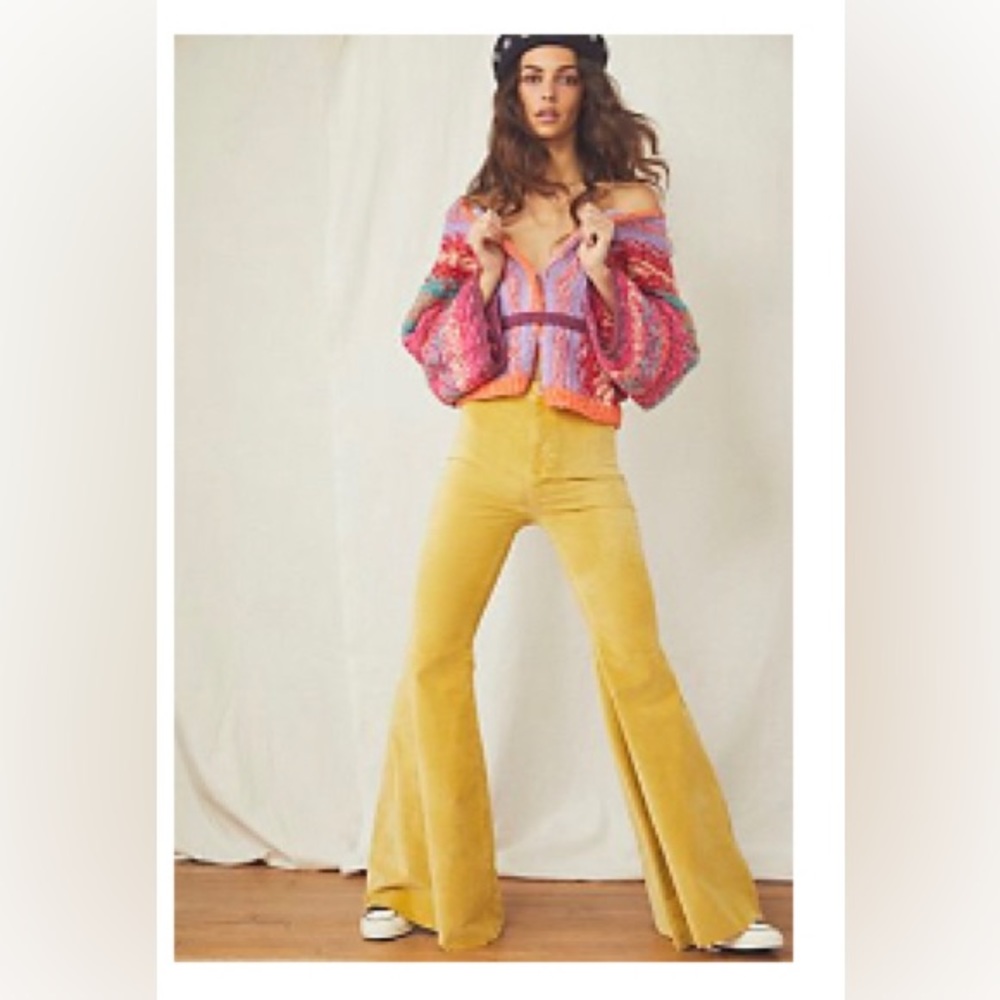 Free People Just Float On Yellow Velvet Bell Bottoms NWOT